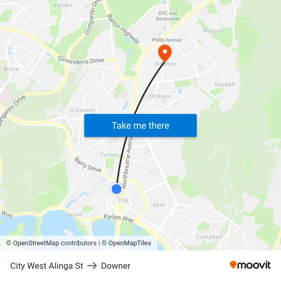 City West Alinga St to Downer map