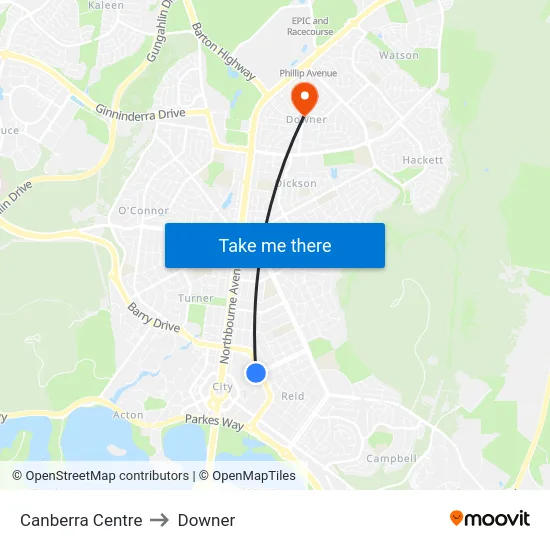 Canberra Centre to Downer map
