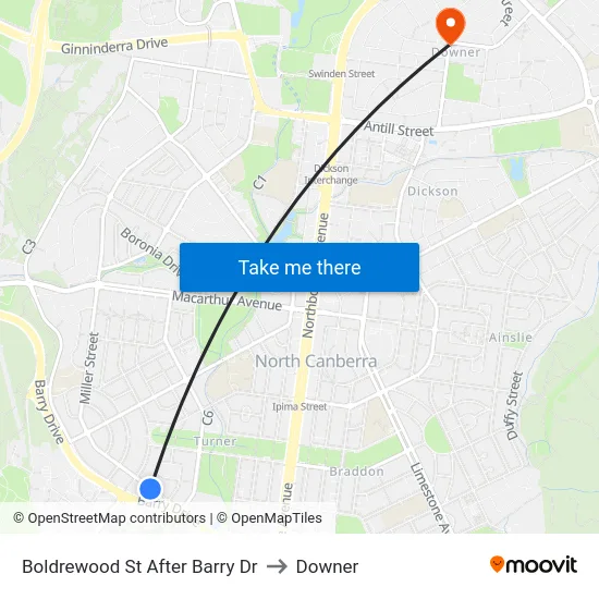 Boldrewood St After Barry Dr to Downer map