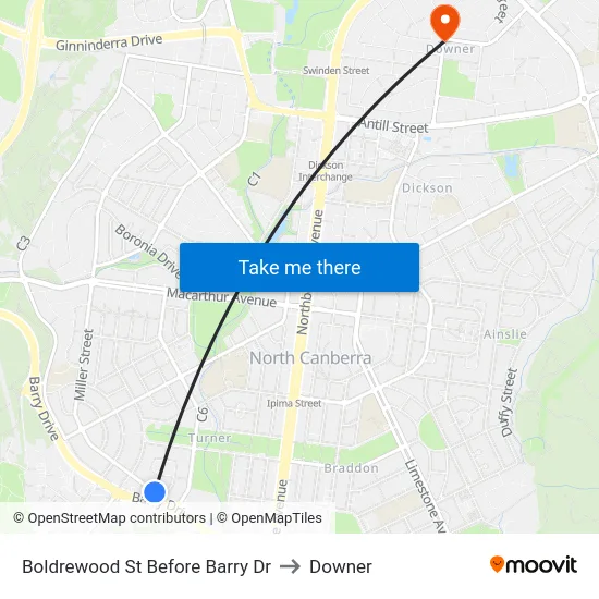 Boldrewood St Before Barry Dr to Downer map