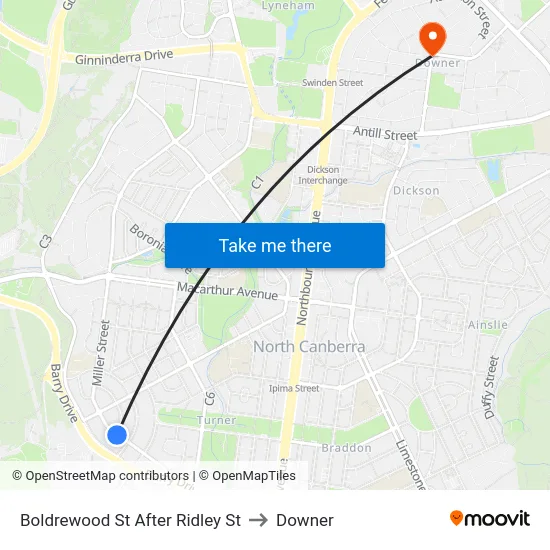 Boldrewood St After Ridley St to Downer map