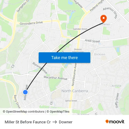 Miller St Before Faunce Cr to Downer map