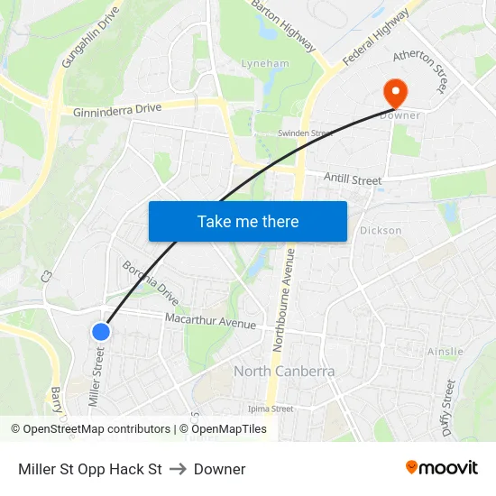 Miller St Opp Hack St to Downer map
