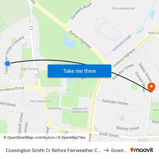 Cossington Smith Cr Before Fairweather Cct to Downer map