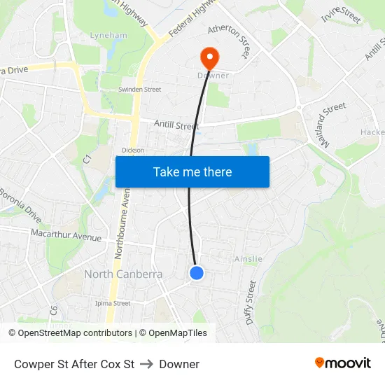 Cowper St After Cox St to Downer map