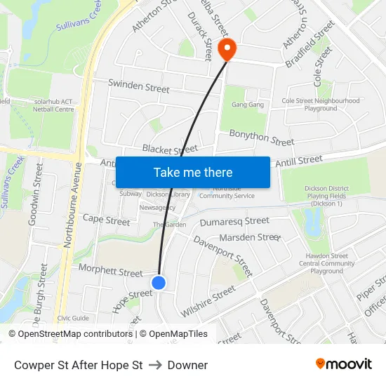Cowper St After Hope St to Downer map
