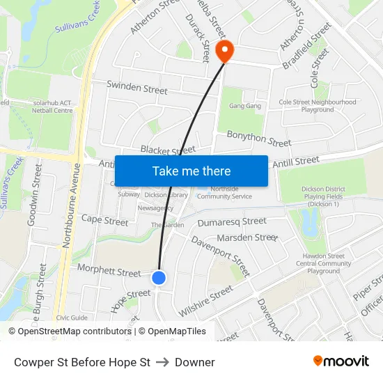 Cowper St Before Hope St to Downer map