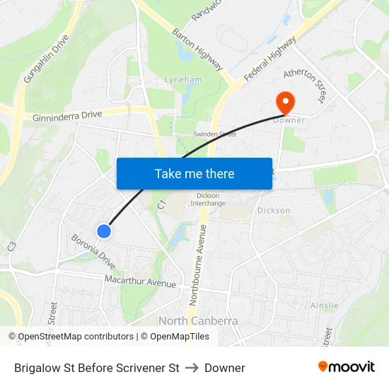 Brigalow St Before Scrivener St to Downer map