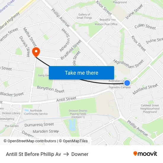 Antill St Before Phillip Av to Downer map