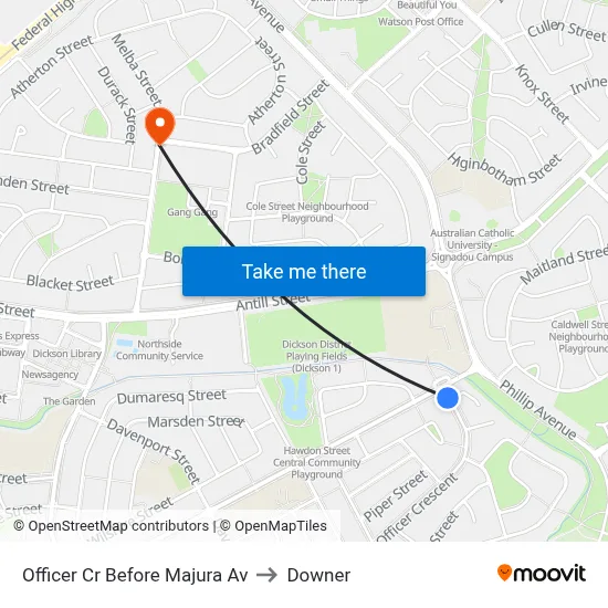 Officer Cr Before Majura Av to Downer map