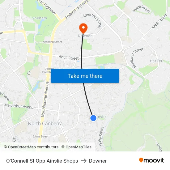 O'Connell St Opp Ainslie Shops to Downer map