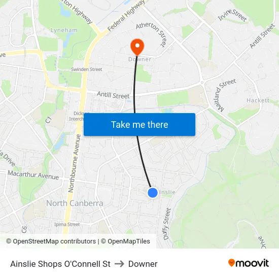 Ainslie Shops O'Connell St to Downer map