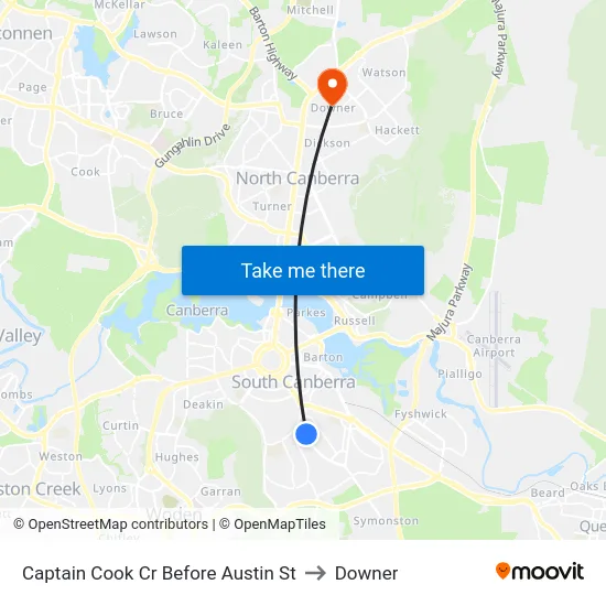 Captain Cook Cr Before Austin St to Downer map