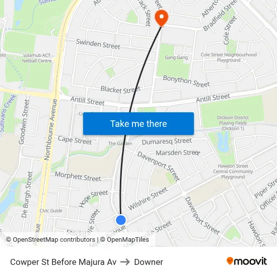 Cowper St Before Majura Av to Downer map