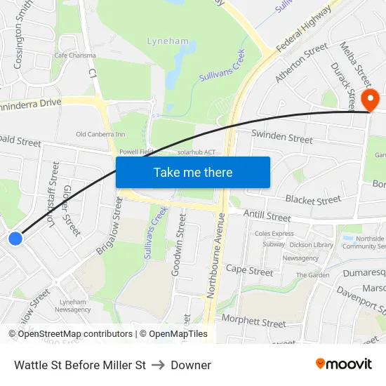 Wattle St Before Miller St to Downer map