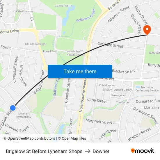 Brigalow St Before Lyneham Shops to Downer map