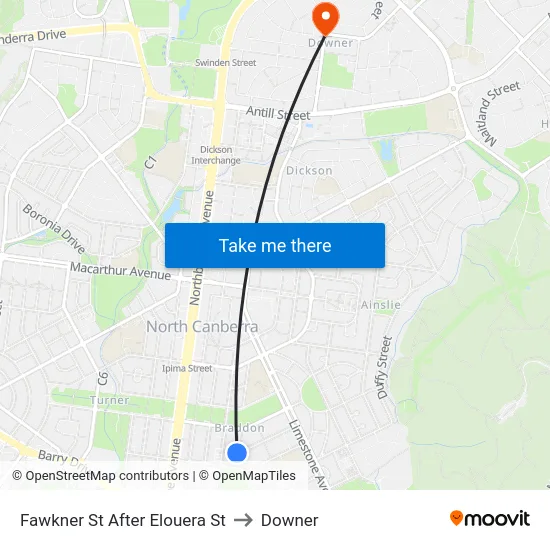 Fawkner St After Elouera St to Downer map