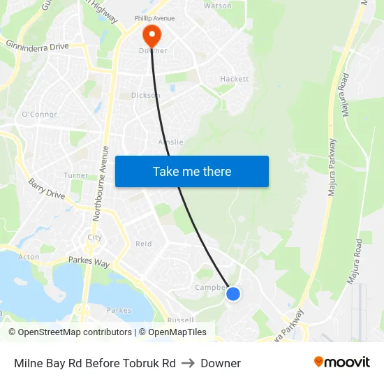 Milne Bay Rd Before Tobruk Rd to Downer map