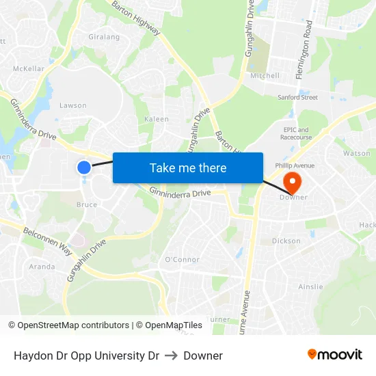 Haydon Dr Opp University Dr to Downer map