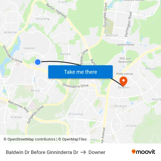 Baldwin Dr Before Ginninderra Dr to Downer map
