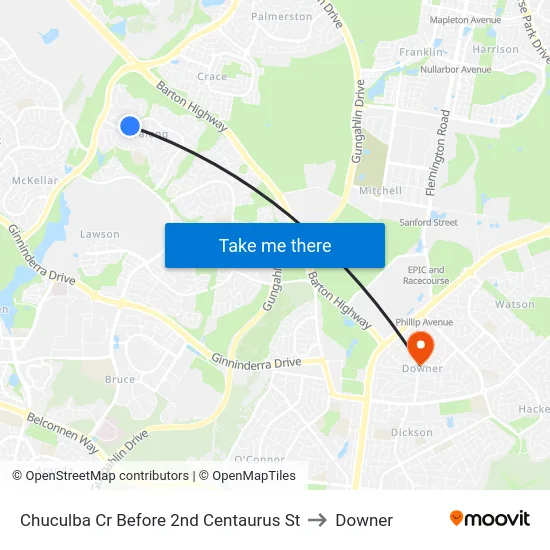 Chuculba Cr Before 2nd Centaurus St to Downer map