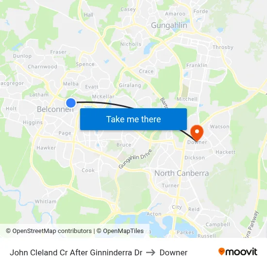 John Cleland Cr After Ginninderra Dr to Downer map
