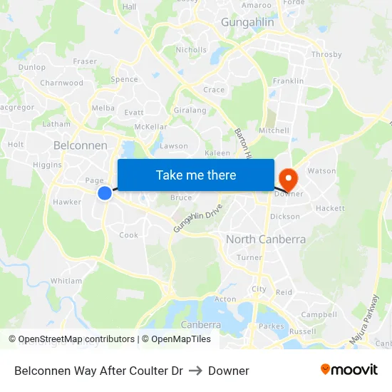 Belconnen Way After Coulter Dr to Downer map