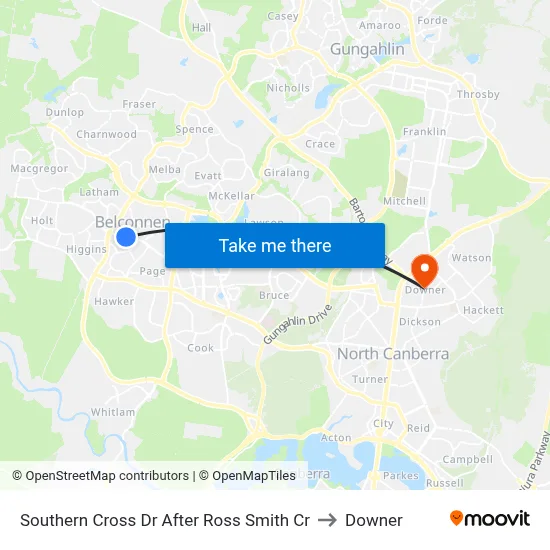 Southern Cross Dr After Ross Smith Cr to Downer map