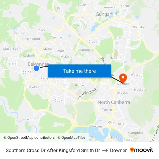 Southern Cross Dr After Kingsford Smith Dr to Downer map
