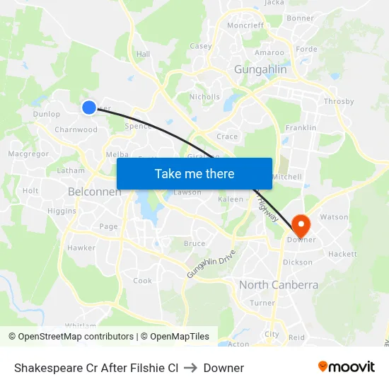Shakespeare Cr After Filshie Cl to Downer map