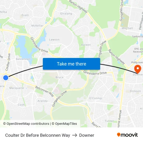 Coulter Dr Before Belconnen Way to Downer map