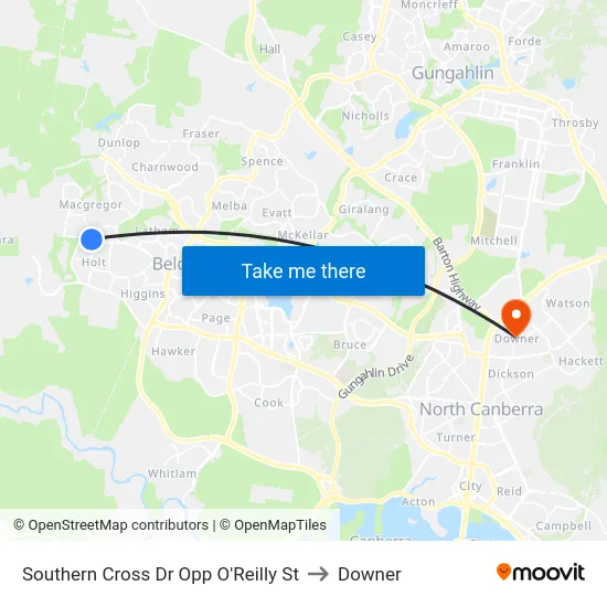 Southern Cross Dr Opp O'Reilly St to Downer map