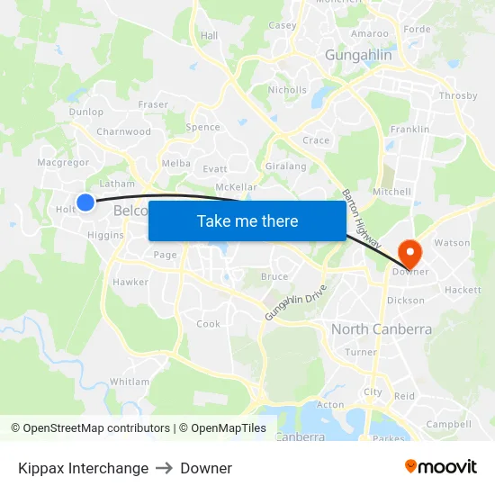Kippax Interchange to Downer map