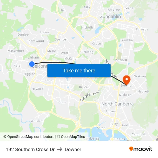 192 Southern Cross Dr to Downer map