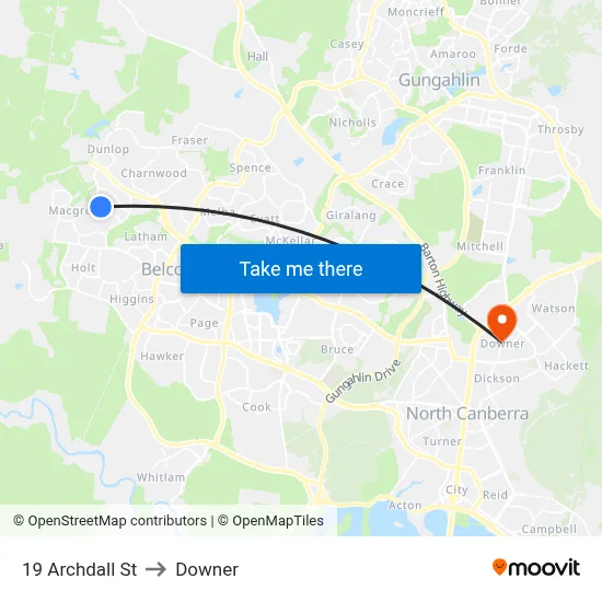 19 Archdall St to Downer map