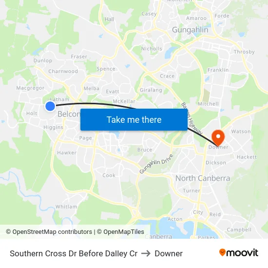 Southern Cross Dr Before Dalley Cr to Downer map