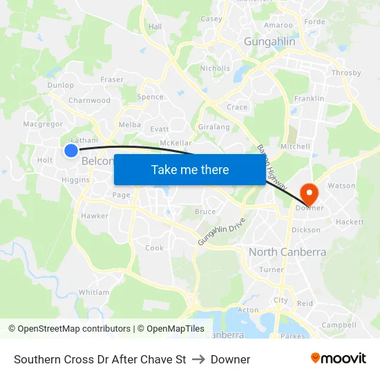 Southern Cross Dr After Chave St to Downer map