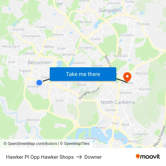 Hawker Pl Opp Hawker Shops to Downer map