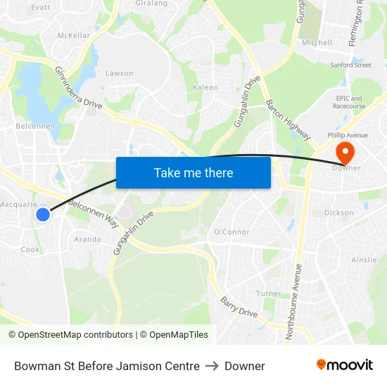 Bowman St Before Jamison Centre to Downer map