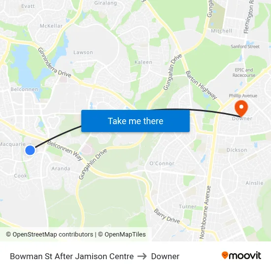 Bowman St After Jamison Centre to Downer map