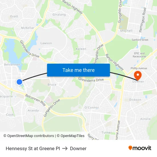 Hennessy St at Greene Pl to Downer map