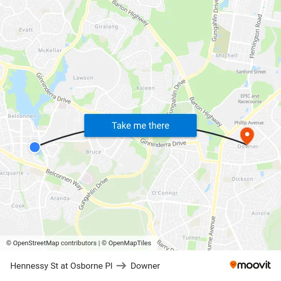 Hennessy St at Osborne Pl to Downer map
