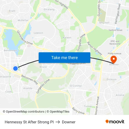 Hennessy St After Strong Pl to Downer map