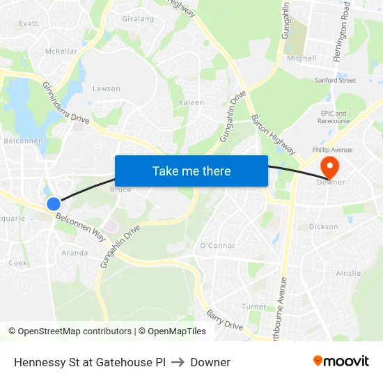 Hennessy St at Gatehouse Pl to Downer map