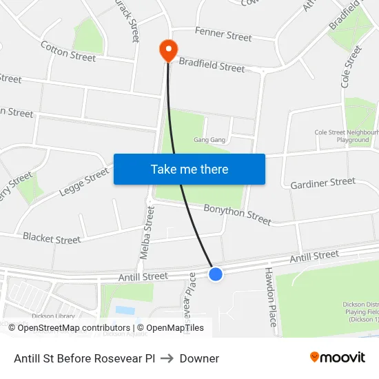 Antill St Before Rosevear Pl to Downer map