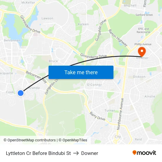 Lyttleton Cr Before Bindubi St to Downer map
