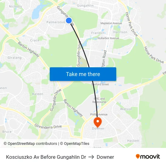 Kosciuszko Av Before Gungahlin Dr to Downer map