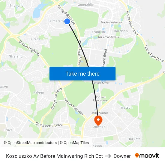 Kosciuszko Av Before Mainwaring Rich Cct to Downer map