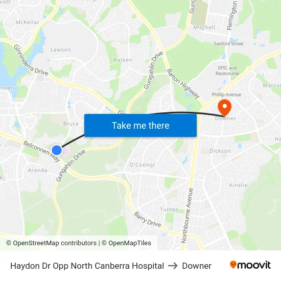 Haydon Dr Opp North Canberra Hospital to Downer map