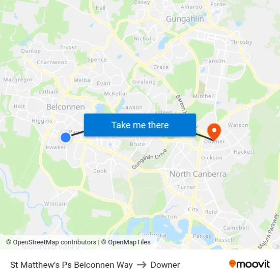 St Matthew's Ps Belconnen Way to Downer map